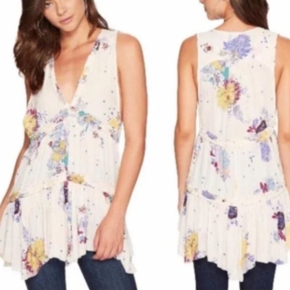 Free People Purple Haze Cream Combo Floral Tunic Top/Mini Dress - Picture 13 of 13